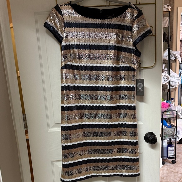 Vince Camuto Striped Sequin Mini Dress in Gold and Black - Picture 1 of 1